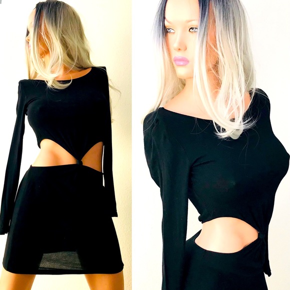 Chic Black CUT-OUT Midriff LBD BODYCON DRESS S/M - Picture 1 of 12
